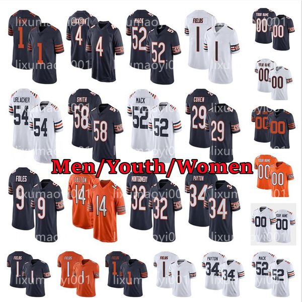 

mens women football jersey youth 1 justin fields 52 khalil mack 34 walter payton 58 roquan smith stitched jerseys, Black;red