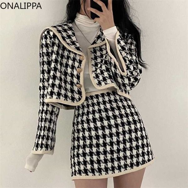 Onalippa Houndstooth Set Bayanlar Sonbahar Fransız Zarif Mizaç Donanma Yaka Hırka Kısa Ceket Yüksek Bel A-Line Etek 211109