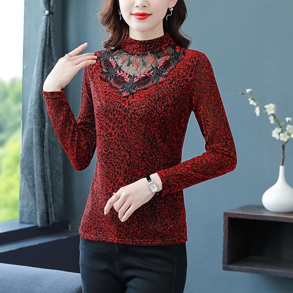 

women's blouses & shirts blouse women autumn 2021 office lady korea style long sleeve lace solid golden with velvet blusas womens and, White