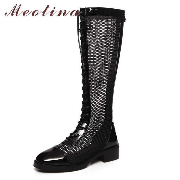 

meotina knee-high boots women shoes round toe block heels cutouts long boots lace up zip mid heel ladies boots autumn black 43 210608