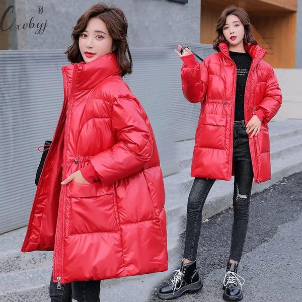 Damen Daunenparkas, glänzender Stehkragen, Damen-Pufferjacke, Baumwolle, gepolsterter Mantel, lockerer koreanischer Stil, elegante Streetwear-Designer