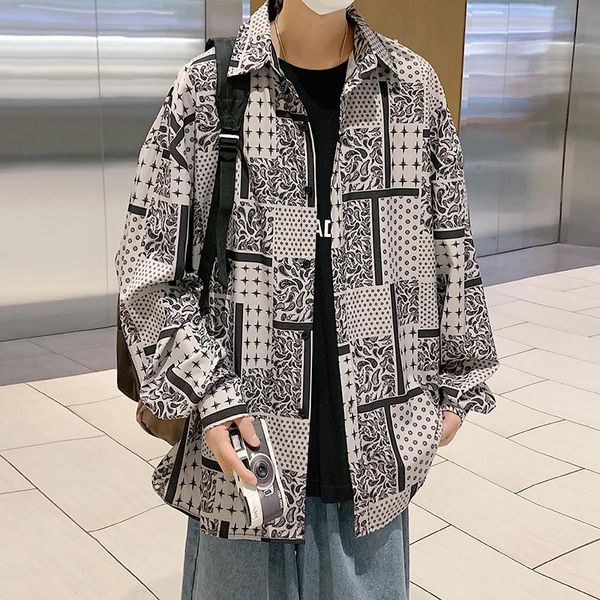 

men's casual shirts plus size 5xl- autumn winter fashion print for men clothing 2021 simple loose chemise homme streetwear black/gray, White;black