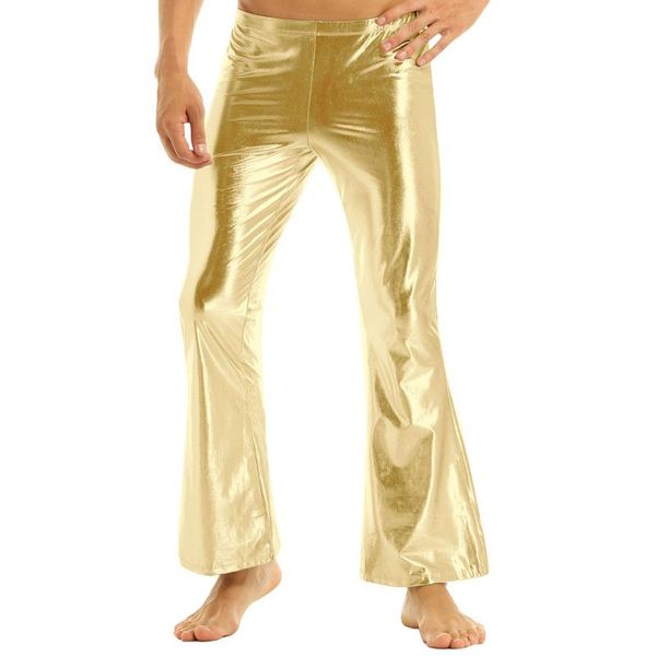 

new mens stage performance trousers shiny metallic disco pants with bell bottom flared long pants dude costume trousers, Black