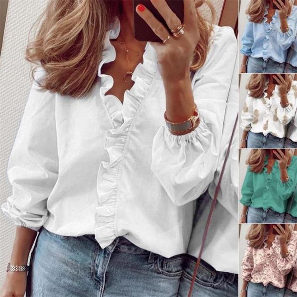 

women's blouses & shirts bonjean womens and ruffles decoration t-shirt v-neck plus size tees ladies long sleeve casual bj3759, White