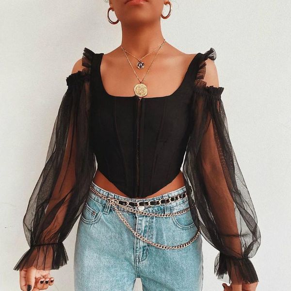 

women's blouses & shirts summer women mesh party shirt blouse off shoulder ruffle tulle sleeve bandage strapless crop backless high str, White