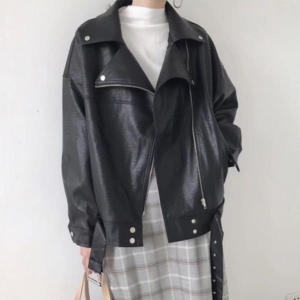 

women's leather & faux trendy fad women loose black pu soft jacket with belt casual female streetwear turn down collar biker coat