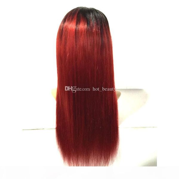 

1b 99j red lace front wig 130% 180% high denisty silk straight ombre human hair glueless full lace wigs for black women, Black;brown