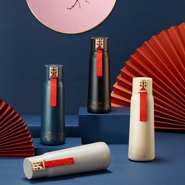 

water bottles chinese style vacuum flask for men and women retro lanyard cup stainless steel literature