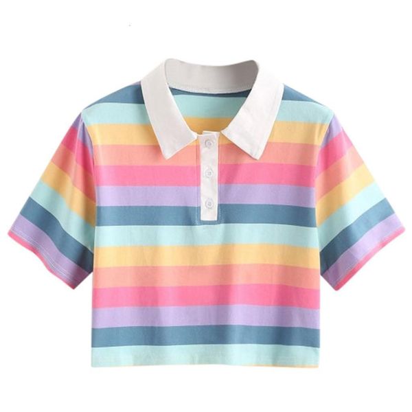 

women crop rainbow striped print turn down collar short blouse 2021 summer harajuku short sleeve shirt female clothes, White