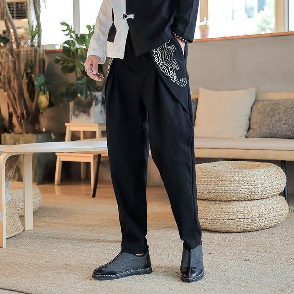 

men's pants 2021 chinese style autumn embroidered trousers casual youth loose plus size tide one generation, Black