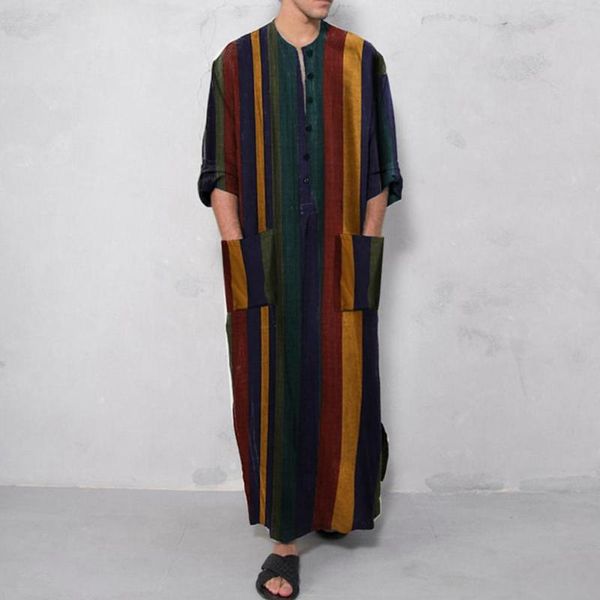 

men's vests mens arabic muslim dresses long abaya kaftan islamic fashion stripe patchwork shirts ethnic clothing dress 2021, Black;white