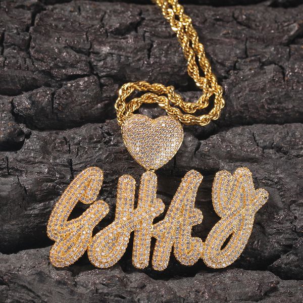 TopBling Hip Hop A-Z Collana con ciondolo con nome personalizzato Lettere a forma di cuore Regalo per amante per uomo Donna Oro 18 carati Placcato in argento Diamante simulato