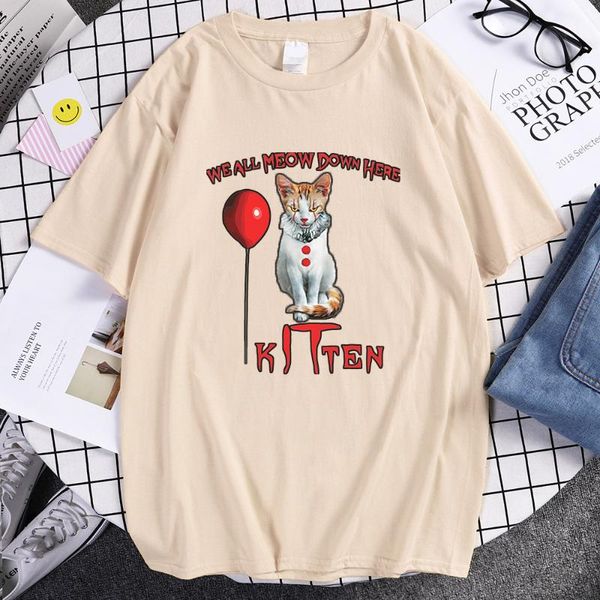 

men's t-shirts we all meow down here kitten beautiful print women's t shirts cartoons slim sports fit travering women t-shirt, White;black