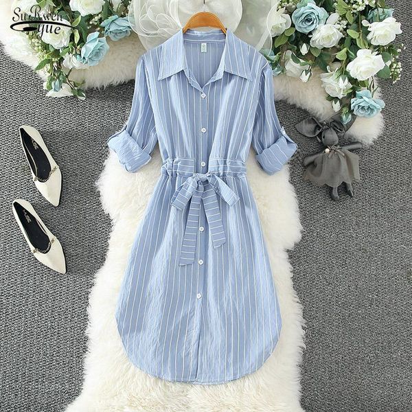 

casual dresses single breasted collar women long shirt dress autumn korean fashion striped vestidos 16697, Black;gray
