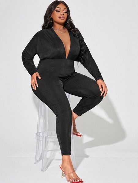 

sxy plus deep v neck jumpsuit i7yr#, Black