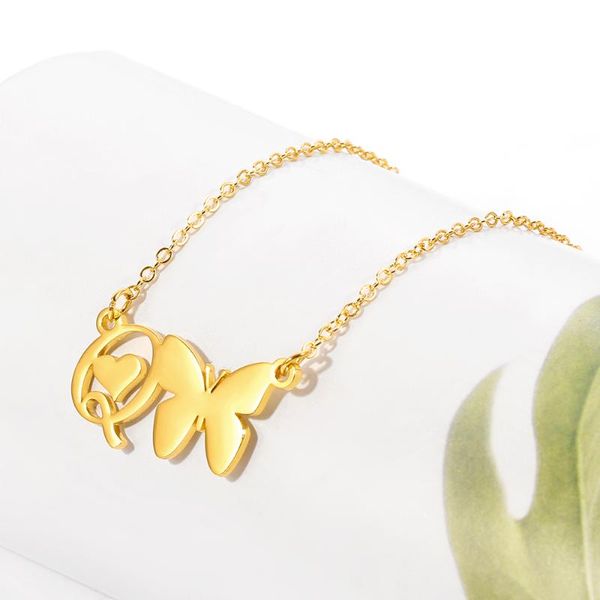 

pendant necklaces a-z letter butterfly heart initial for women gold color stainless steel chain choker female necklace jewelry, Silver