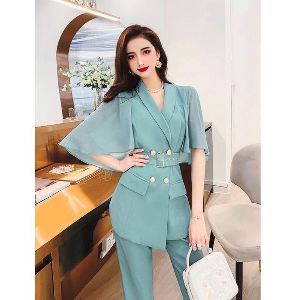 

women's two piece pants 2021 summer women sets office lady cloak blazer suit coat and long trousers suits, White