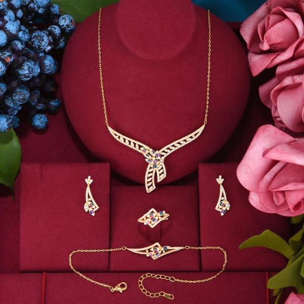 

earrings & necklace godki royal flower charms 4pcs bracelet ring earring set for women wedding party cubic zircon cz dubai bridal jewelry, Silver