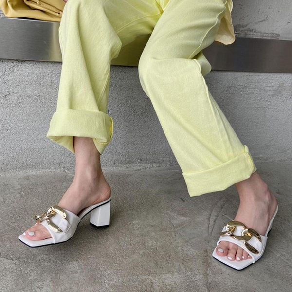 

slippers 2021 women fashion brand chain outdoor slides square high heel ladies sandal shoes open toe flip flop, Black