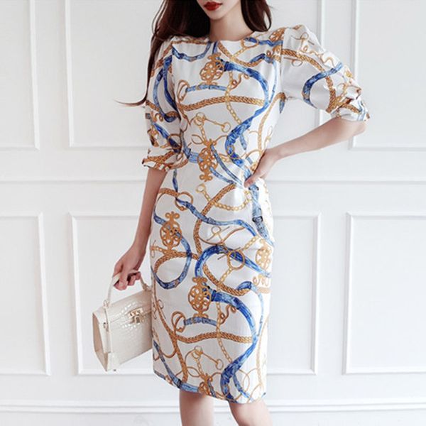 

2021 new design run way style blue white print short sleeve o neck midi pencil dress summer office lady wear to work tq6b, Black;gray