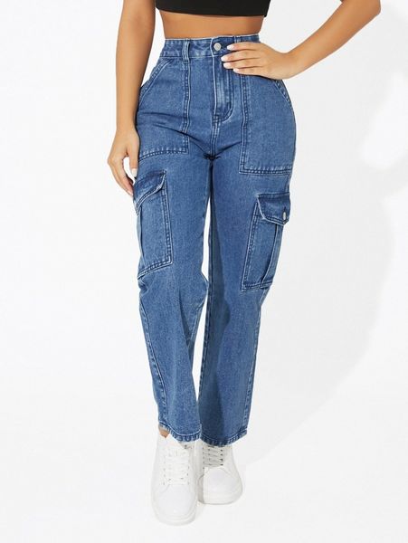 

petite high waisted flap pocket cargo jeans 094f#, Blue
