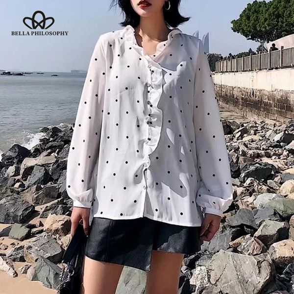 

women's blouses & shirts hstar 2021 spring women long sleeve shirt ruffles chiffon female poika dot lantern ladies ruffled blouse, White