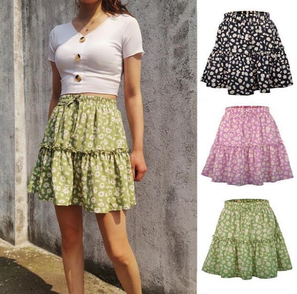 

skirts european and american ladies floral short skirt net red daisy print ruched, Black