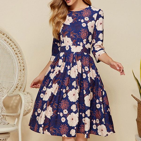 

casual dresses a-line zipper o-neck floral dress elegant three quarter sleeve ladies frocks for women causal empire knee-length vintage, Black;gray