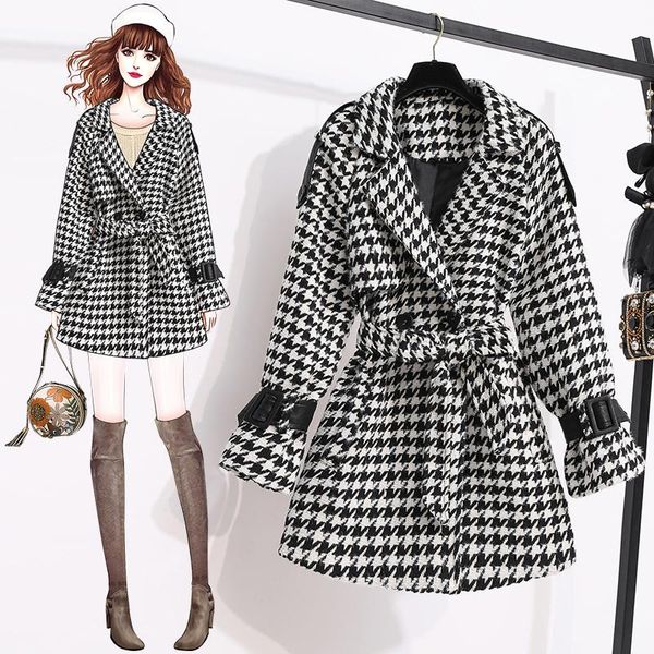 

woolen coat women's mid-length houndstooth plaid autumn and winter waist hepburn style small woolen coat women coats, Black