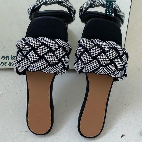 

slippers 2021 women fashion weave pearl flats heel slides sandals shoes woman casual outdoor beach ladies female, Black