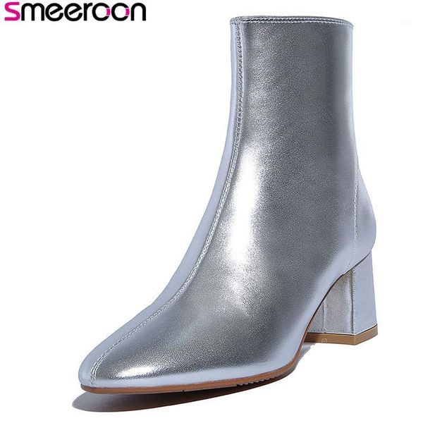 

boots smeeroon 2021 fashion autumn women round high heels zipper ankle quality genuine leather1, Black
