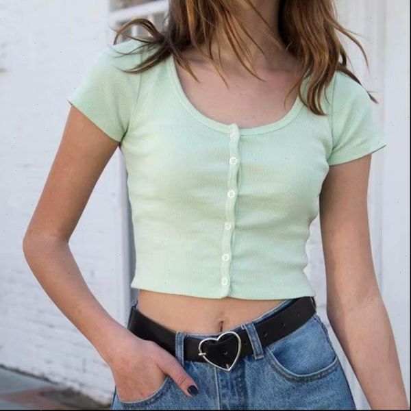 

t shirt v neck short sleeve casual crop women button knitted short sleeve style ribbed green summer crop, White