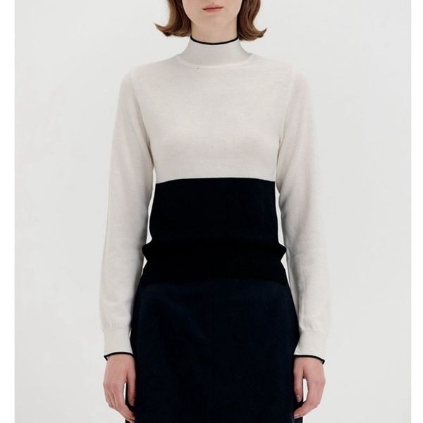 

2021 spring new casual temperament pullover half high neck long sleeve contrast stitching sweater women ptn5, White;black