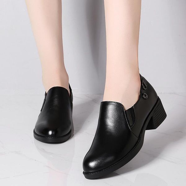 

spring and autumn leather work shoes professional women's high heel deep mouth cowhide women's shoes, Black