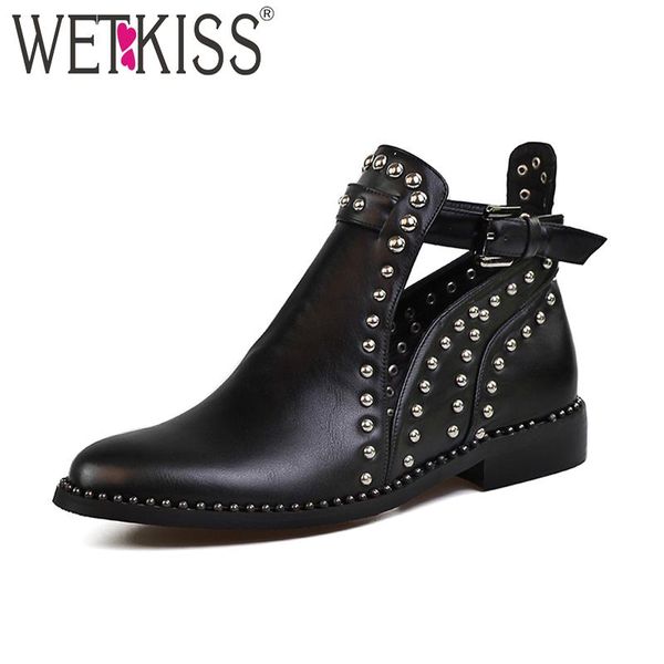 

boots wetkiss summer low heels women ankle rivet round toe buckle cutout footwear 2021 fashion neutral ladies shoes big size 41, Black