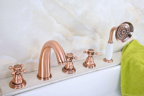 

bathroom sink faucets antique red copper brass deck 5 holes bathtub mixer faucet handheld shower widespread set basin water tap atf238
