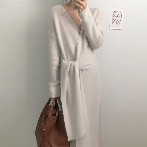 

casual dresses korean style cross v neck long sleeve knitted dress women solid lace-up slim waist soft vestidos mujer elegant autumn robe, Black;gray