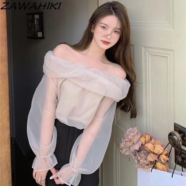 

women's blouses & shirts zawahiki sweet gauze blouse women summer 2021 off shoulder slash neck long sleeve thin solid tender fairy, White