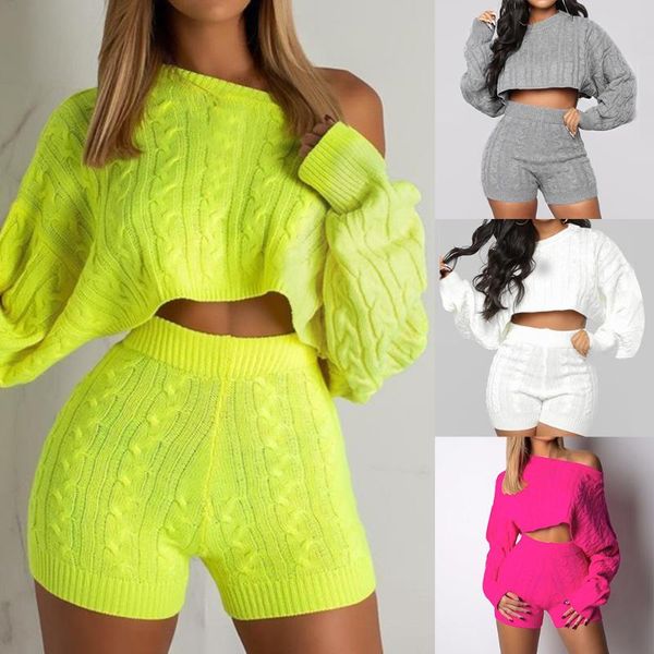 

women's tracksuits casual knit set long sleeve round neck pullover solid color exposed navel high waist shorts two-piece outfit, Gray