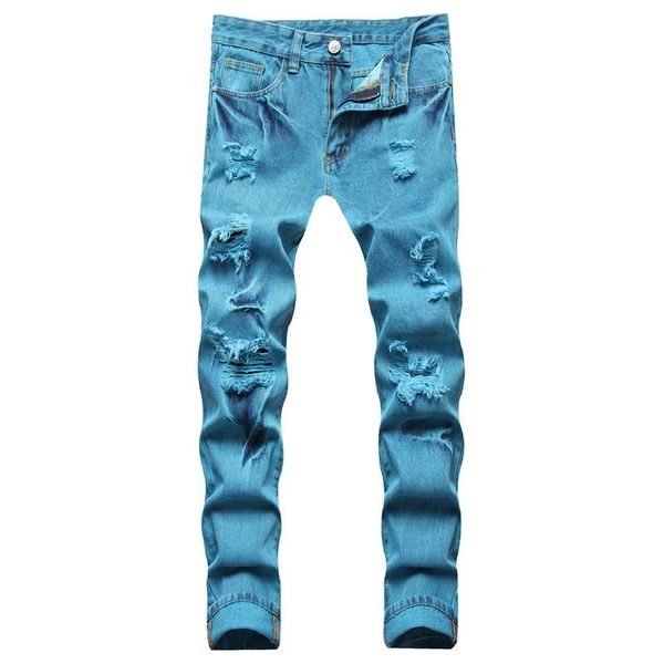 

men's jeans 2021 ripped leisure straight dyed lake blue denim trousers