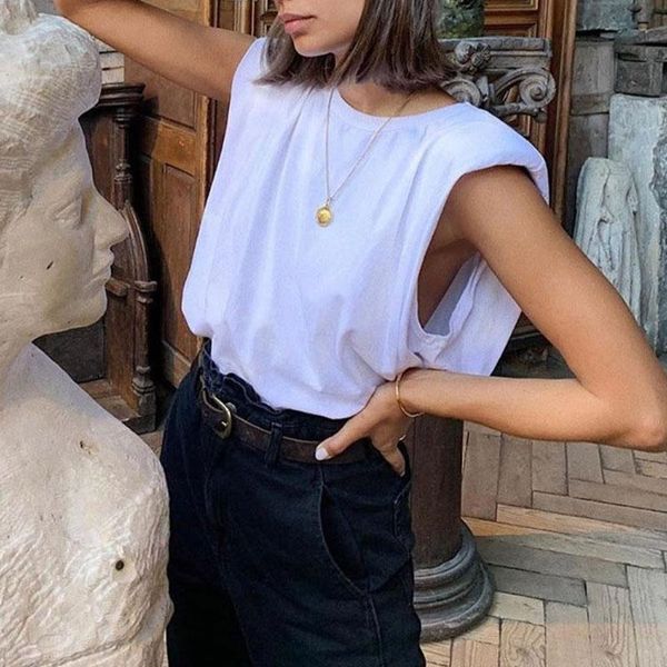 

women's t-shirt cotton padded shoulder woman tshirts sleeveless solid color crewneck office lady pullover 2021 fashion women elegant cl, White