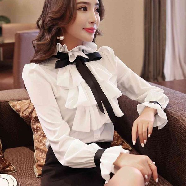 

autumn chiffon blousewomen ruffles women blouses solid color office bow tie shirt flare sleeve clothing high quality, White