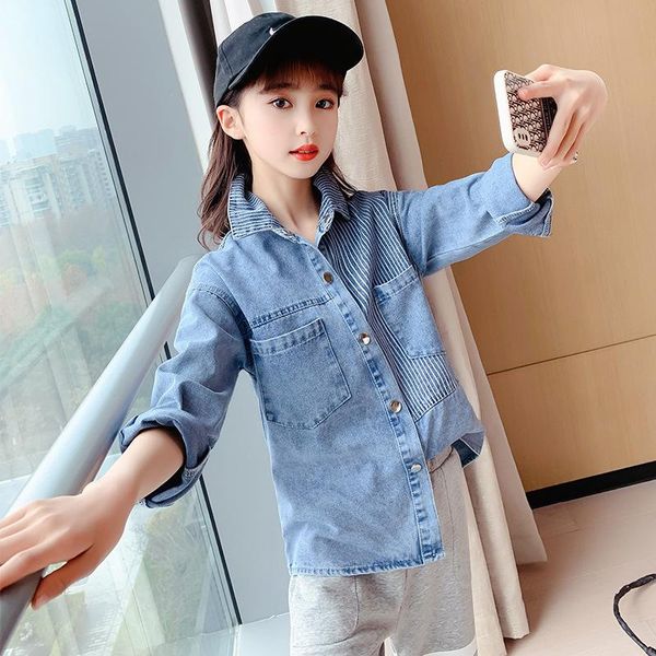 

jackets kids girls denim coat korean striped stitching jacket spring autumn blue children's shirt casual style clothes, Blue;gray