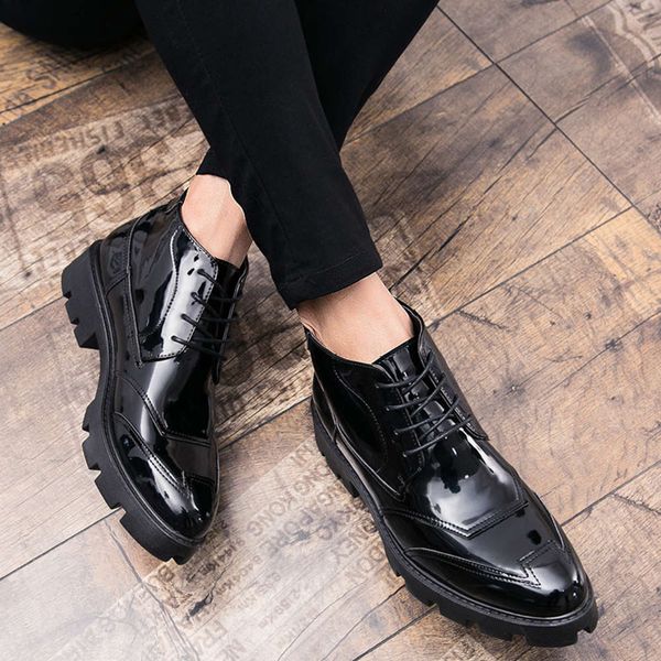 

autumn and winter korean pointed martin short boots casual high shoes trend mid fashionable patent leather men's, White;red