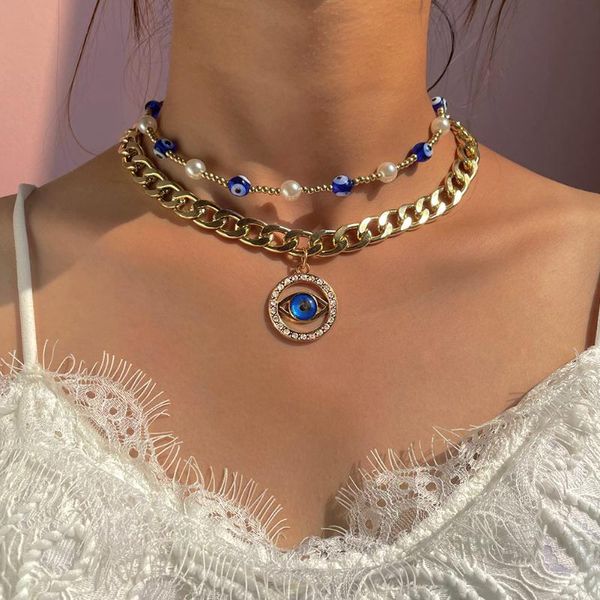 

chains 2021 turkish crystal evil eyes cuban chain necklace for women eye beads pearl beaded choker necklaces fashion party jewelry gift, Silver