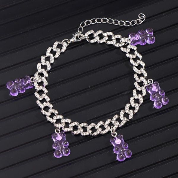 

anklets punk transparent resin bear charm cuban for women fashion silver color crystal miami link chain anklet jewelry, Red;blue