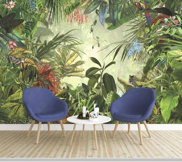 

wallpapers papel de parede european retro rainforest plantain tiger parrot 3d wallpaper,living room bedroom home decor bar mural