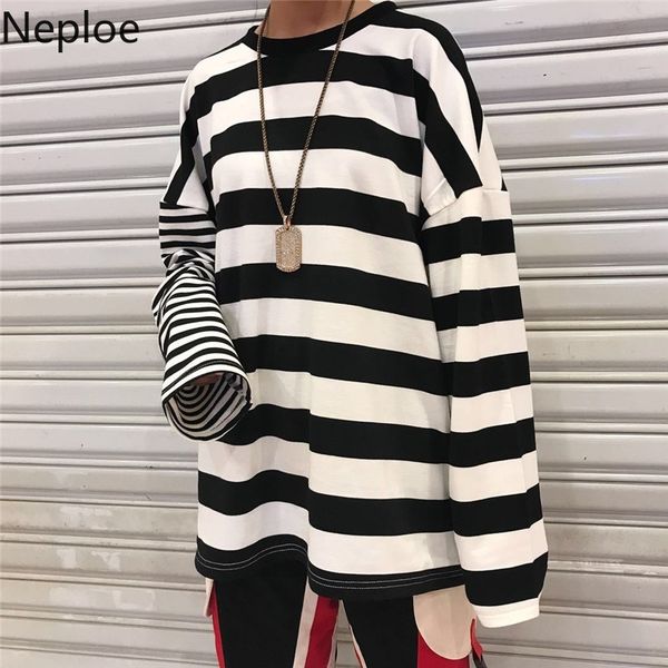 

neploe loose casual vintage striped basic t shirt long sleeve female women basic t-shirts harajuku streetwear long 39313 210315, White