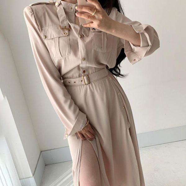 

casual dresses [ewq] 2021 autumn women vintage loose high waist was thin elegant workwear dress with lapel pockets apricot robe, Black;gray