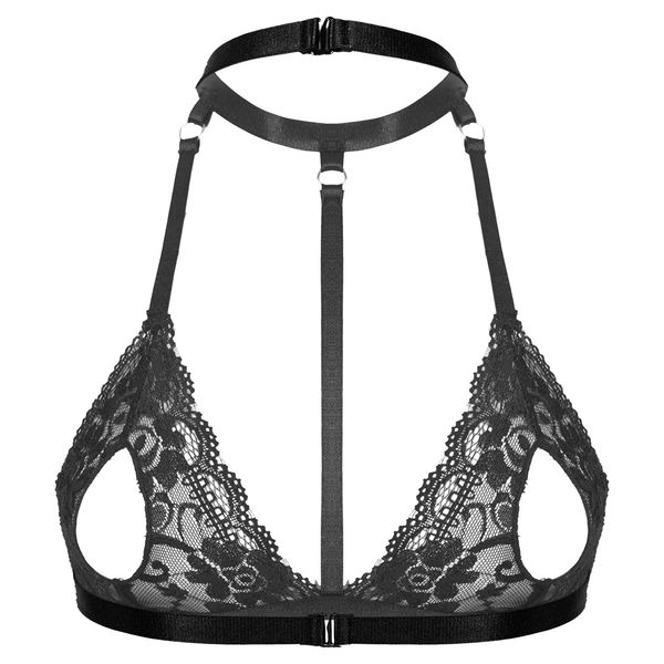 

womens erotic lingerie see-through lace bra for hollow out lingerie unlined wireless bra ladies halter neck strappy bra, Black;white